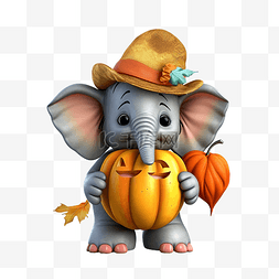 野生火鸡图片_可爱的感恩节大象背着南瓜，戴着