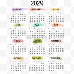 极简桌面图片_2024年日历台历彩色颜料笔触 向量