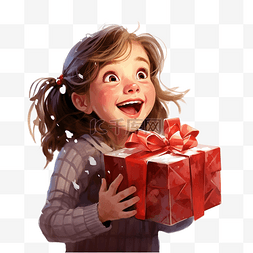 快乐的小女孩带着圣诞礼物打开惊