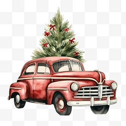 有圣诞树的水彩老爷车