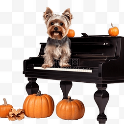 约克夏犬坐在钢琴背景下的椅子上