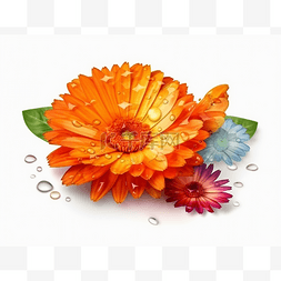 水滴的花图片_在绿色和蓝色颜色的五颜六色和橙