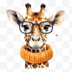 可爱水彩书呆子野生长颈鹿动物戴
