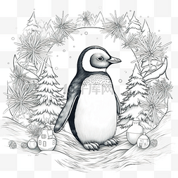 手绘企鹅圣诞着色页高级矢量