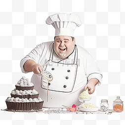 卡通厨师做饭美食图片_有趣的胖厨师糖果师站在他的厨房