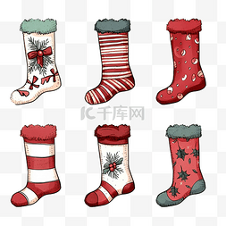 手绘季节性元素的圣诞袜系列