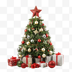 圣诞系列贺卡图片_圣诞树上有装饰品礼物和白色的星