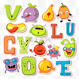 向量集字母 v 与水果和蔬菜矢量