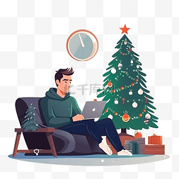 一个男孩拿着笔记本电脑坐在圣诞