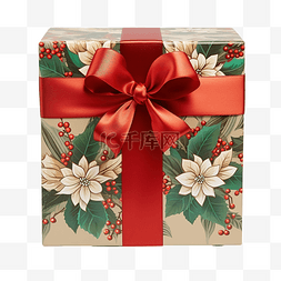 红色的圣诞礼盒图片_有红色和绿色圣诞花丝带的棕色礼