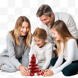 一家人聚集在圣诞树周围