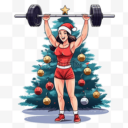 运动女孩在装饰圣诞树附近的健身