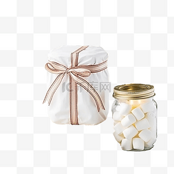 棉花糖白色图片_圣诞礼品盒和一罐棉花糖，白色木