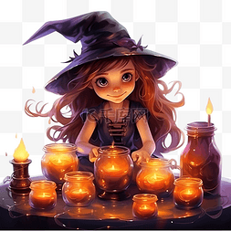 帚图片_小女巫在万圣节之夜用蜡烛在她的