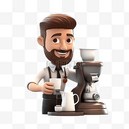 做咖啡图片_咖啡师倒浓咖啡 3D 人物插画
