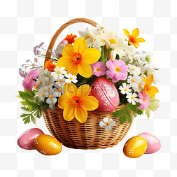有春天花的复活节彩蛋篮子