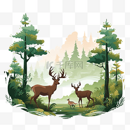 自然地理图片_森林和鹿景观的 png 插图