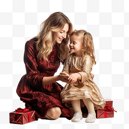 圣诞图片_母亲拥抱她的小女儿，坐在装饰好