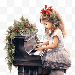 弹钢琴的女孩装饰着圣诞花环