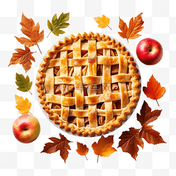 季节美食图片_感恩节苹果派的顶视图，秋叶
