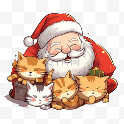 卡通动物圣诞动物图片_卡通可爱圣诞圣诞老人和猫睡觉矢