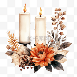 黄玫瑰水彩花卉图片_一套带有蜡烛和秋花的水彩时尚作