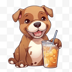 卡通风格斗牛犬喝珍珠奶茶
