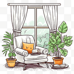 卡通房子室内图片_手绘扶手椅，配有植物和窗户室内