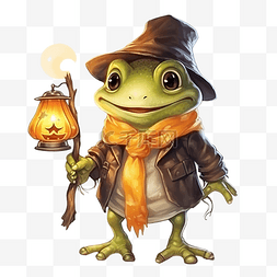 青蛙图片_可爱万圣节提着灯笼的南瓜头青蛙