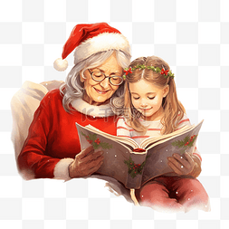 上新图片_穿着圣诞睡衣的奶奶和孙女看书