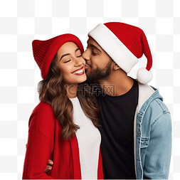 戴蓝帽子的男人图片_快乐的多种族年轻夫妇戴着圣诞红
