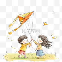 k图片_春天孩子卡通放风筝玩耍手绘元素