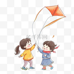 孩子放风筝玩耍卡通春天手绘元素
