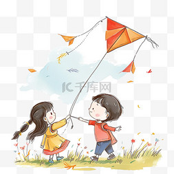 春天孩子玩耍放风筝卡通手绘元素