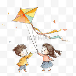 背景画风图片_手绘春天孩子放风筝玩耍卡通元素