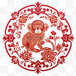 红色剪纸风传统十二生肖猴元素