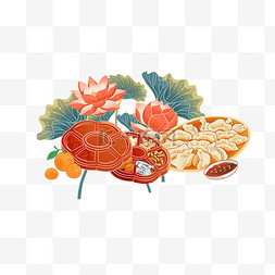 饺子图片_新年春节国潮描线荷花饺子坚果设