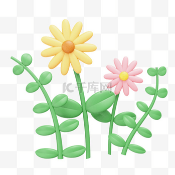 3D春季植物花朵绿叶PNG素材