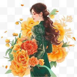 手绘花女孩花图片_妇女节元素时尚女孩花朵手绘插画