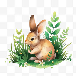 春天植物免抠小兔卡通手绘元素