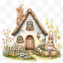 春天卡通手绘小房子兔子植物元素
