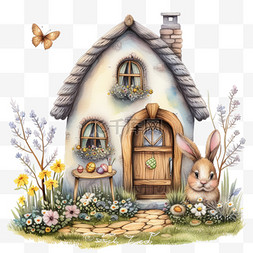 春天卡通小房子兔子植物手绘元素