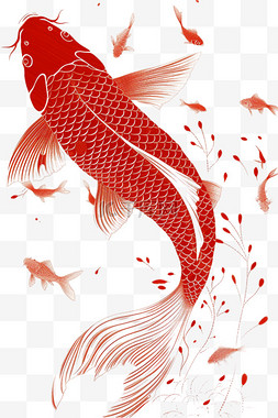 红色免抠锦鲤手绘描边元素
