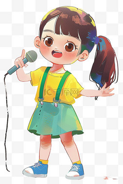 可爱绿色卡通背景图片_可爱女孩卡通唱歌手绘元素