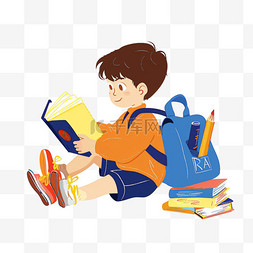 卡通蓝色短裤图片_可爱男孩背着书包学习卡通手绘元