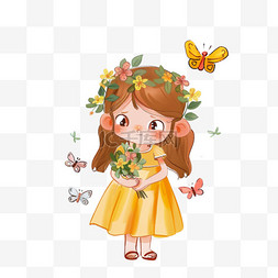 花朵上的蝴蝶飞舞图片_可爱女孩花朵卡通手绘春天元素