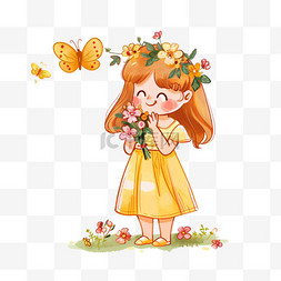 花朵上的蝴蝶飞舞图片_可爱女孩花朵春天卡通手绘元素