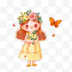 花朵上的蝴蝶飞舞图片_可爱女孩花朵卡通手绘元素春天