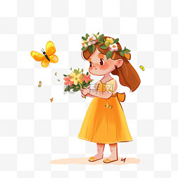 飞舞的花朵图片_春天卡通可爱女孩花朵手绘元素