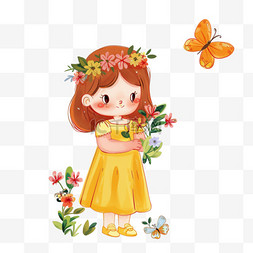 花朵上的蝴蝶飞舞图片_春天元素可爱女孩花朵卡通手绘